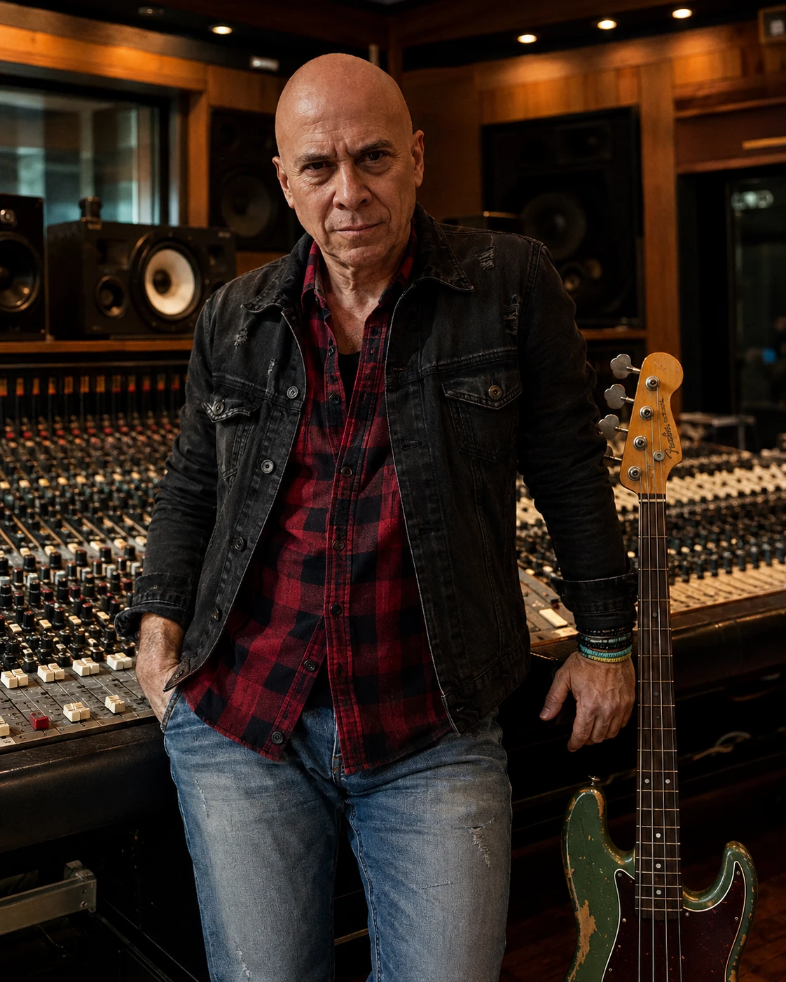 César Naranjo en estudio de grabación con consola y bajo.